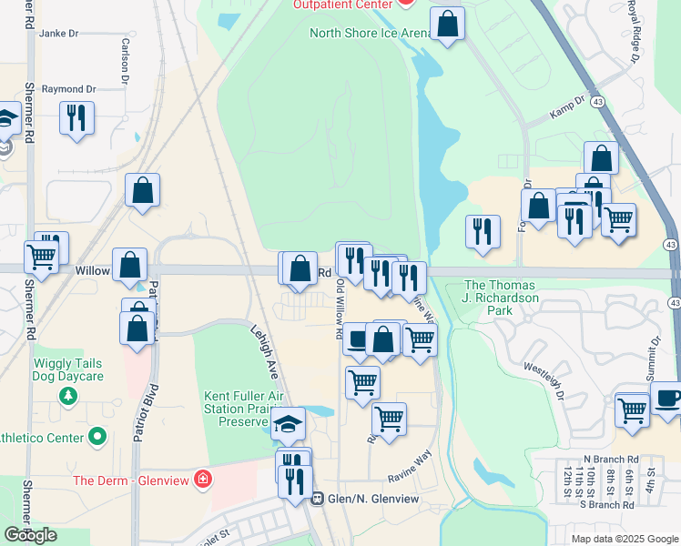 map of restaurants, bars, coffee shops, grocery stores, and more near Willow Road in Glenview
