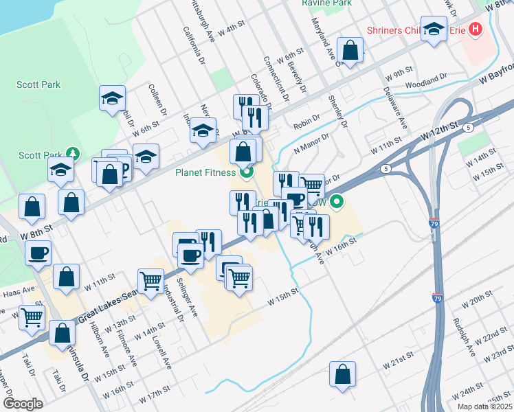 map of restaurants, bars, coffee shops, grocery stores, and more near 2302 W 12th St in Erie