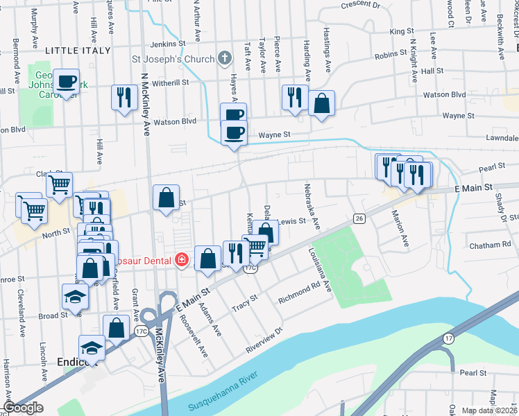 map of restaurants, bars, coffee shops, grocery stores, and more near 12 Delaware Avenue in Endicott