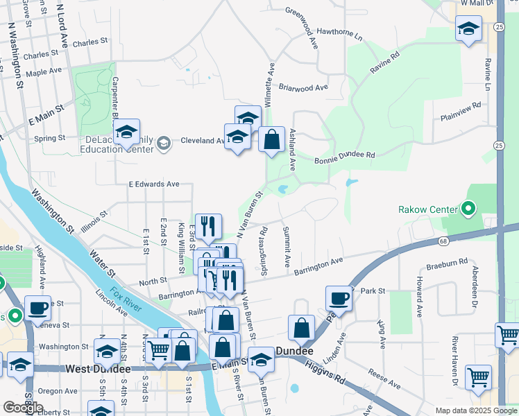 map of restaurants, bars, coffee shops, grocery stores, and more near 510 North Van Buren Street in East Dundee