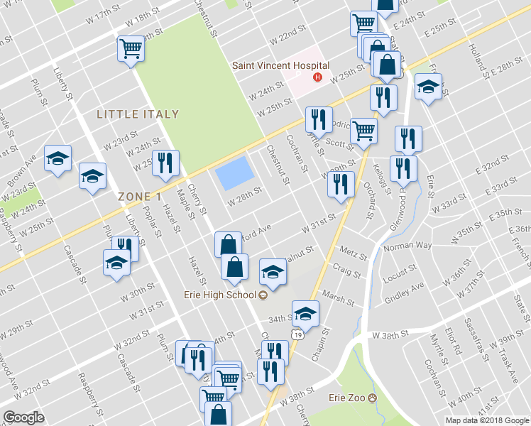 map of restaurants, bars, coffee shops, grocery stores, and more near 449 West 29th Street in Erie