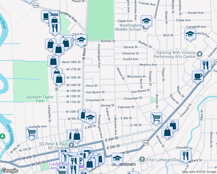 map of restaurants, bars, coffee shops, grocery stores, and more near 120 Price Street in Jamestown