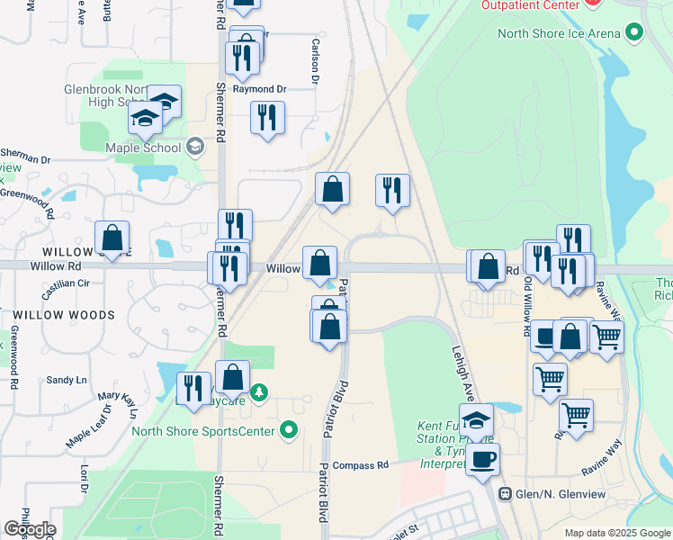 map of restaurants, bars, coffee shops, grocery stores, and more near Willow Road in Glenview
