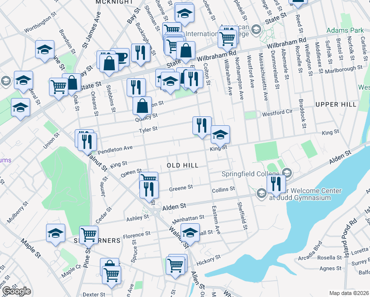 map of restaurants, bars, coffee shops, grocery stores, and more near 201 King Street in Springfield