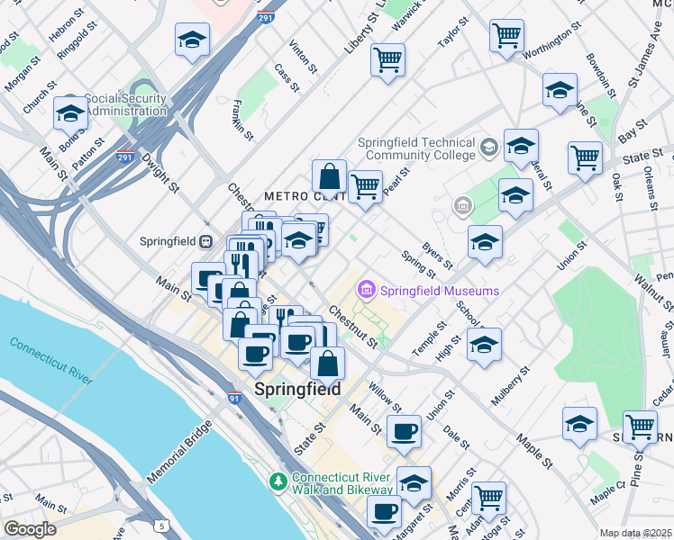 map of restaurants, bars, coffee shops, grocery stores, and more near 11 Mattoon Street in Springfield