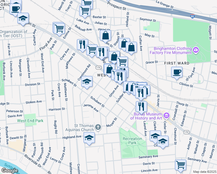 map of restaurants, bars, coffee shops, grocery stores, and more near 21 Grand Boulevard in Binghamton