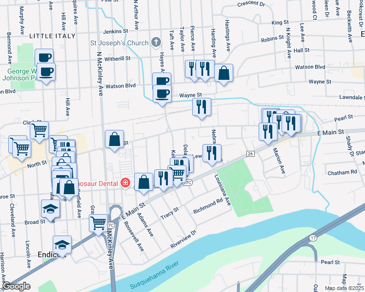 map of restaurants, bars, coffee shops, grocery stores, and more near 17 Kentucky Avenue in Endicott