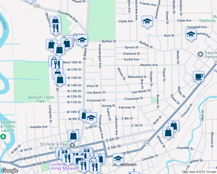 map of restaurants, bars, coffee shops, grocery stores, and more near 119 Van Buren Street in Jamestown