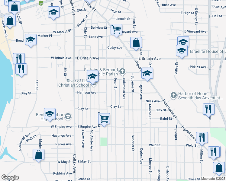 map of restaurants, bars, coffee shops, grocery stores, and more near 715 Broadway in Benton Harbor