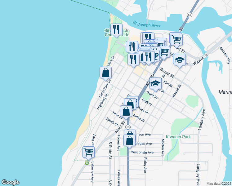 map of restaurants, bars, coffee shops, grocery stores, and more near 915 Lake Boulevard in St. Joseph