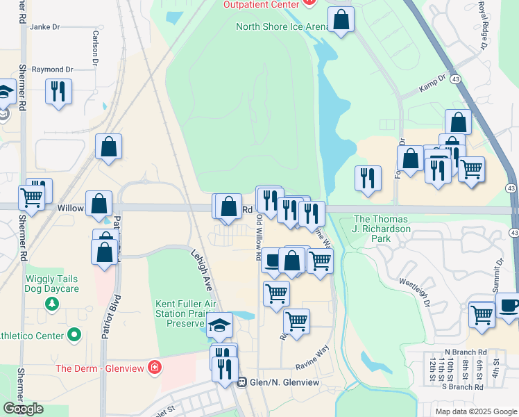 map of restaurants, bars, coffee shops, grocery stores, and more near 2351 Willow Road in Glenview