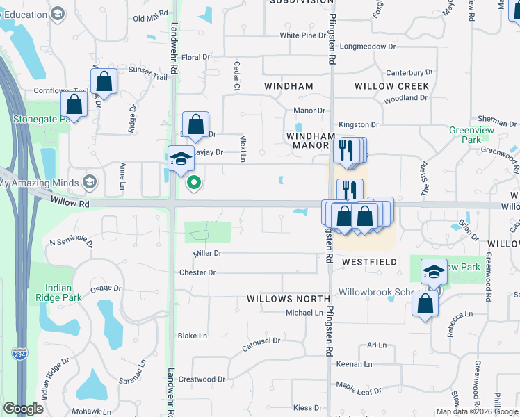 map of restaurants, bars, coffee shops, grocery stores, and more near 2756 Charlie Court in Glenview