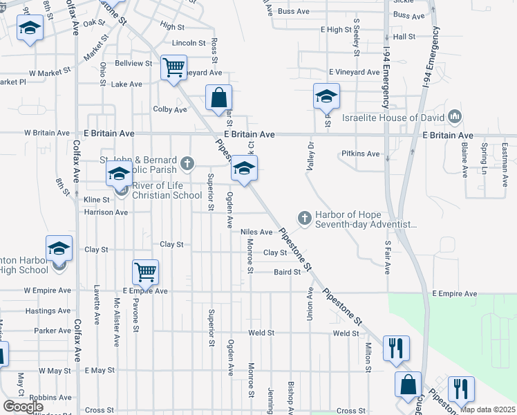 map of restaurants, bars, coffee shops, grocery stores, and more near 680 Pipestone Street in Benton Harbor