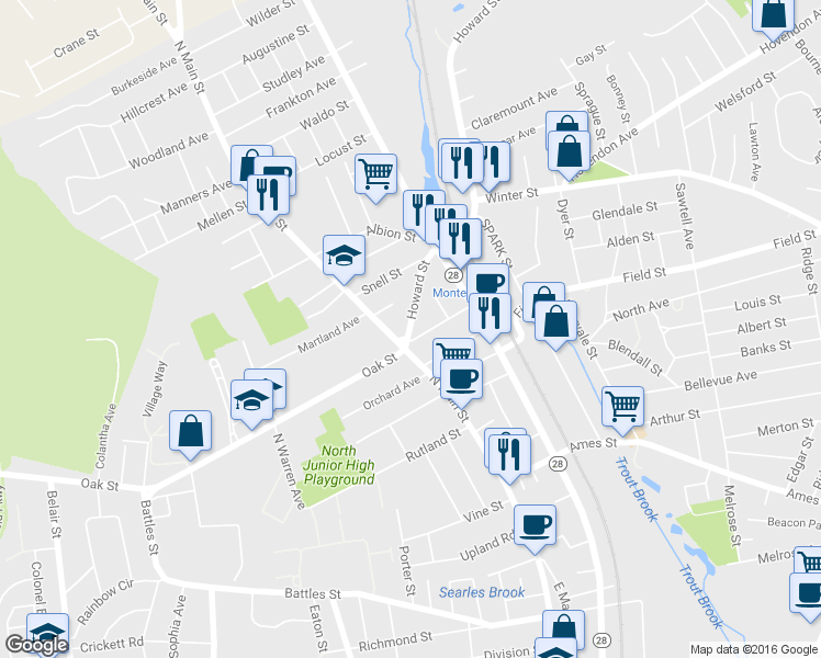 map of restaurants, bars, coffee shops, grocery stores, and more near 15 Howard Street in Brockton
