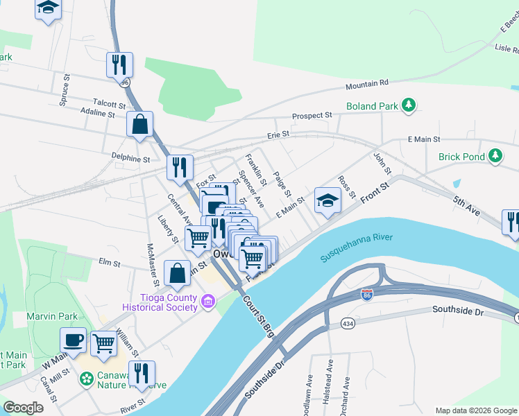 map of restaurants, bars, coffee shops, grocery stores, and more near 247 Main Street in Owego