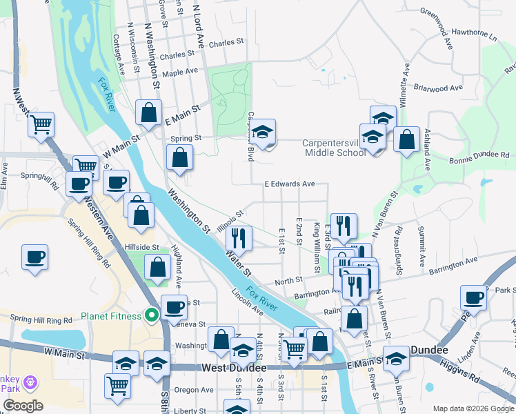 map of restaurants, bars, coffee shops, grocery stores, and more near 227 Illinois Street in East Dundee