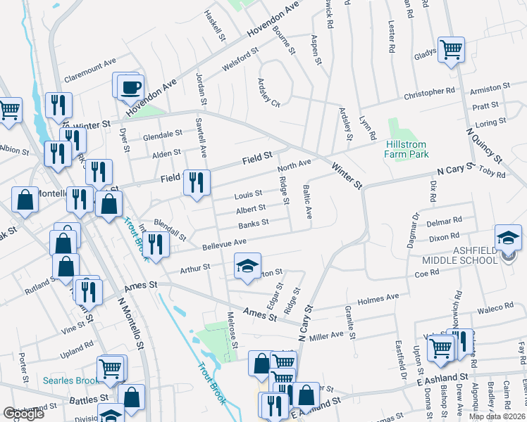 map of restaurants, bars, coffee shops, grocery stores, and more near 73 Banks Street in Brockton