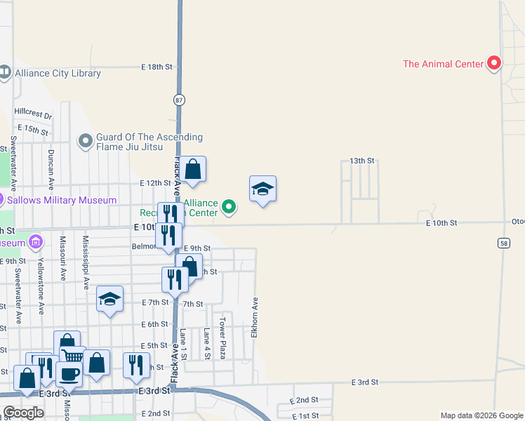 map of restaurants, bars, coffee shops, grocery stores, and more near 1100-1298 East 10th Street in Alliance