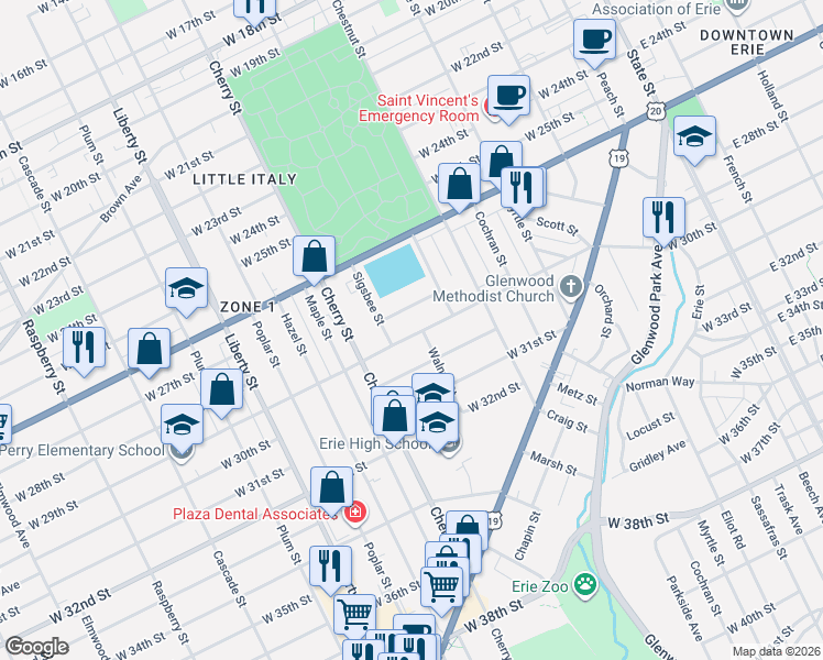 map of restaurants, bars, coffee shops, grocery stores, and more near 519 West 29th Street in Erie