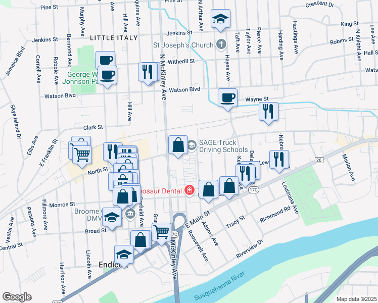 map of restaurants, bars, coffee shops, grocery stores, and more near 1701 North Street in Endicott