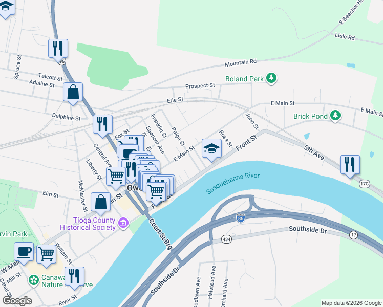 map of restaurants, bars, coffee shops, grocery stores, and more near 272 Main Street in Owego