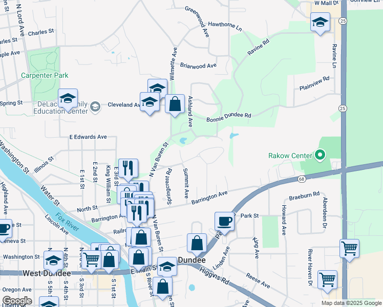 map of restaurants, bars, coffee shops, grocery stores, and more near 424 Roslyn Road in East Dundee