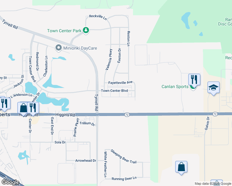 map of restaurants, bars, coffee shops, grocery stores, and more near 471 Town Center Boulevard in Gilberts