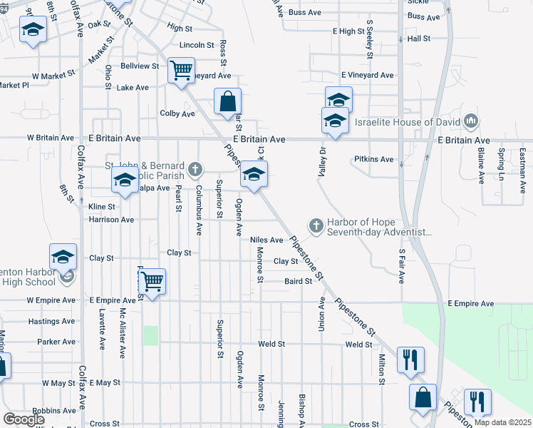 map of restaurants, bars, coffee shops, grocery stores, and more near 680 Pipestone Street in Benton Harbor