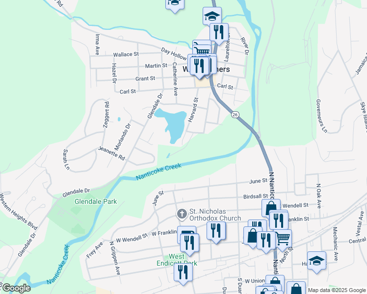 map of restaurants, bars, coffee shops, grocery stores, and more near 825 Meadowbrook Lane in Endicott