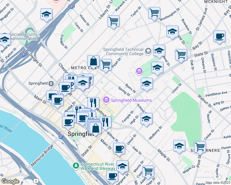 map of restaurants, bars, coffee shops, grocery stores, and more near 53 Elliot Street in Springfield