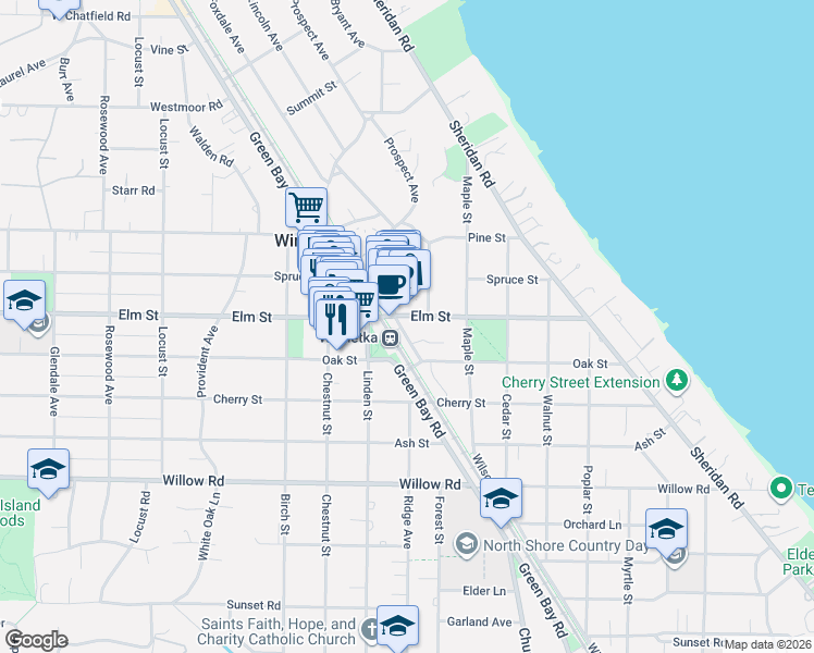 map of restaurants, bars, coffee shops, grocery stores, and more near 515 Lincoln Avenue in Winnetka