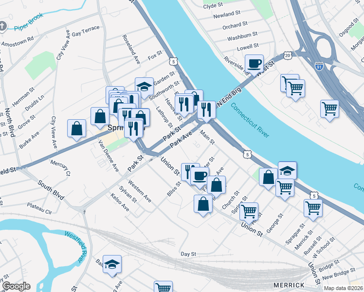 map of restaurants, bars, coffee shops, grocery stores, and more near 32 Park Avenue Court in West Springfield