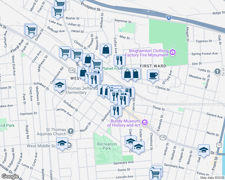 map of restaurants, bars, coffee shops, grocery stores, and more near 204 Main Street in Binghamton