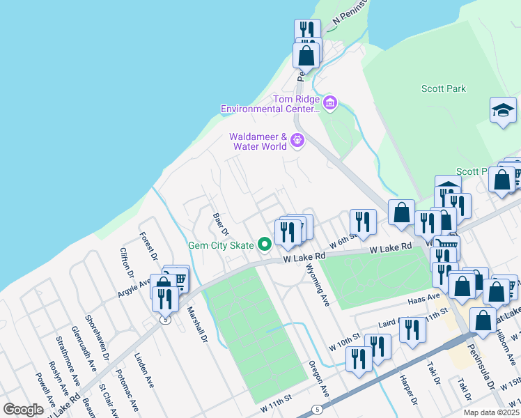 map of restaurants, bars, coffee shops, grocery stores, and more near 225 Kelso Drive in Erie