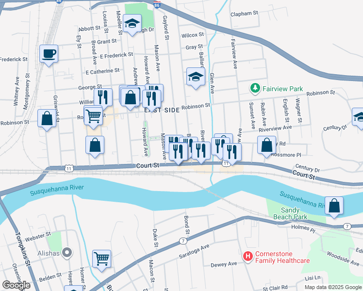 map of restaurants, bars, coffee shops, grocery stores, and more near 5 Gaylord Street in Binghamton