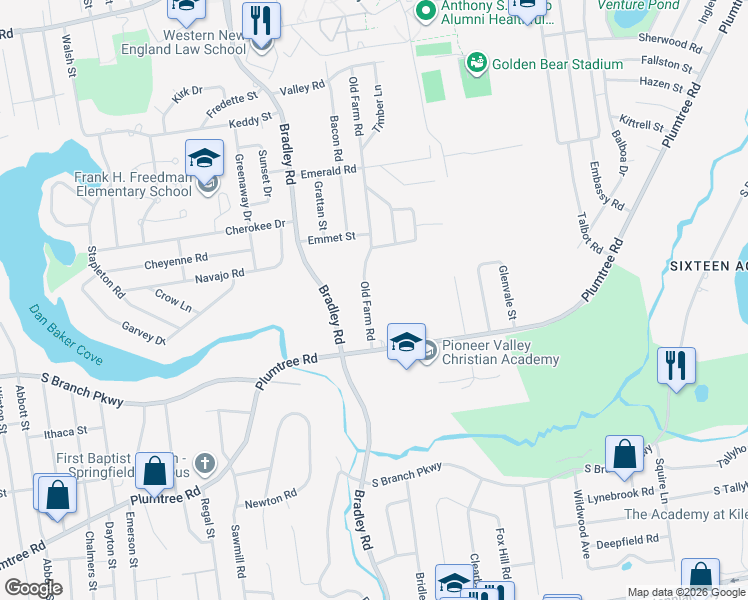 map of restaurants, bars, coffee shops, grocery stores, and more near 31 Old Farm Road in Springfield