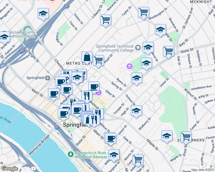 map of restaurants, bars, coffee shops, grocery stores, and more near 53 Elliot Street in Springfield