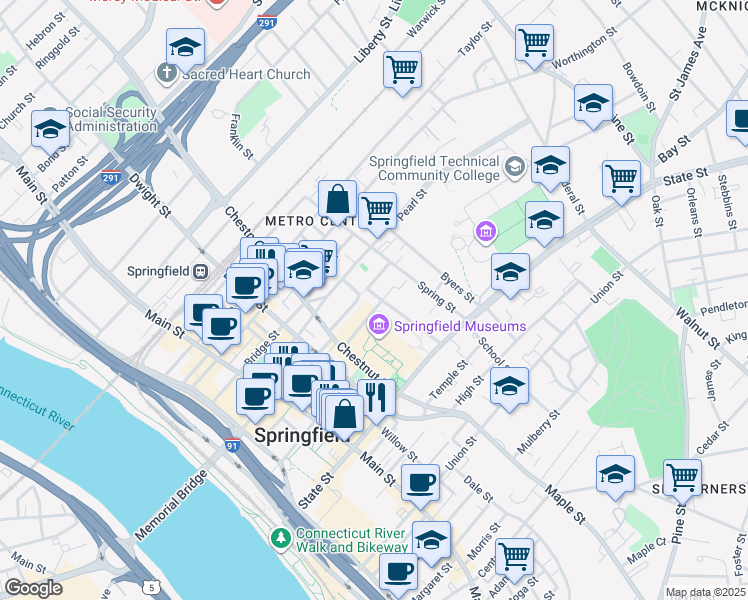 map of restaurants, bars, coffee shops, grocery stores, and more near 41 Mattoon Street in Springfield