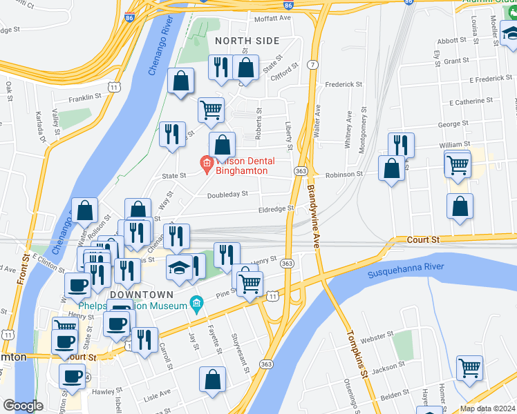 map of restaurants, bars, coffee shops, grocery stores, and more near 108 Eldredge Street in Binghamton