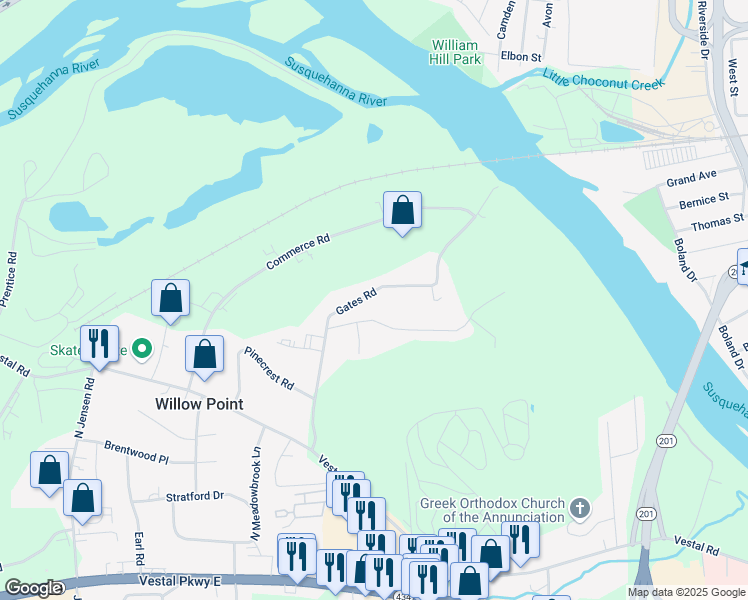 map of restaurants, bars, coffee shops, grocery stores, and more near 3817 Pembrooke Lane in Vestal