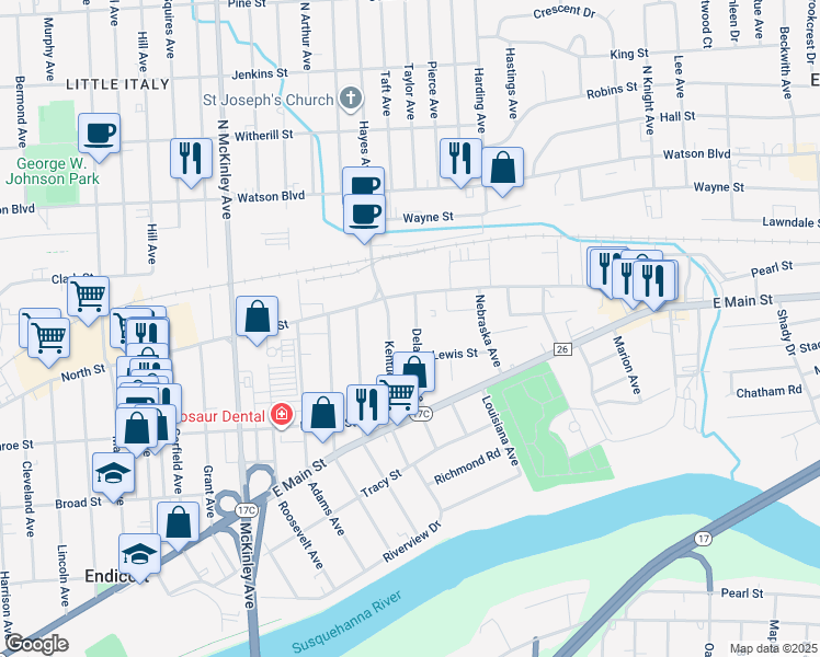 map of restaurants, bars, coffee shops, grocery stores, and more near 17 Kentucky Avenue in Endicott