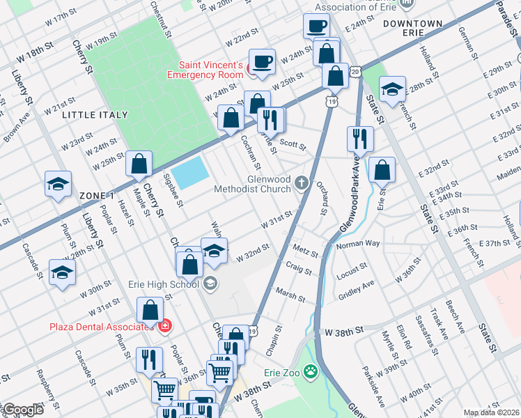 map of restaurants, bars, coffee shops, grocery stores, and more near 356 West 31st Street in Erie