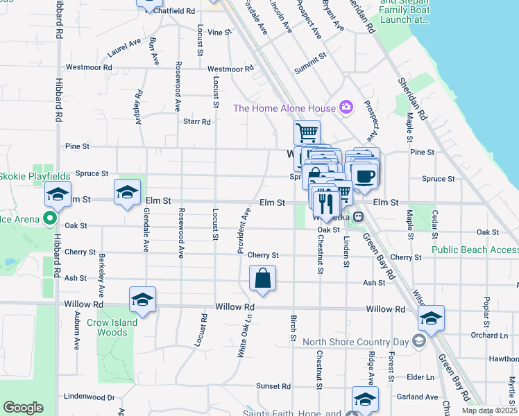 map of restaurants, bars, coffee shops, grocery stores, and more near 941 Oak Street in Winnetka