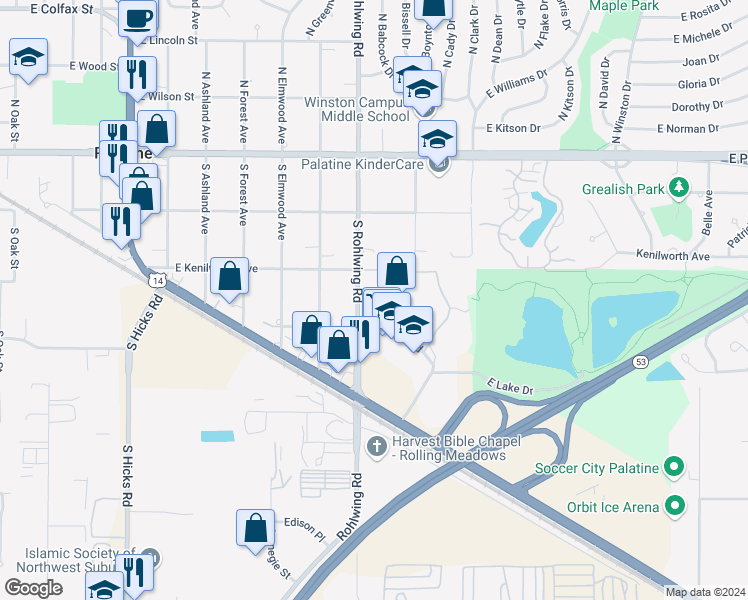 map of restaurants, bars, coffee shops, grocery stores, and more near 245 South Park Lane in Palatine