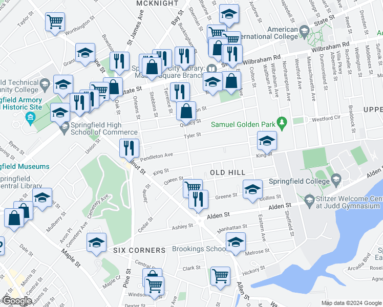 map of restaurants, bars, coffee shops, grocery stores, and more near 145-147 Hancock Street in Springfield