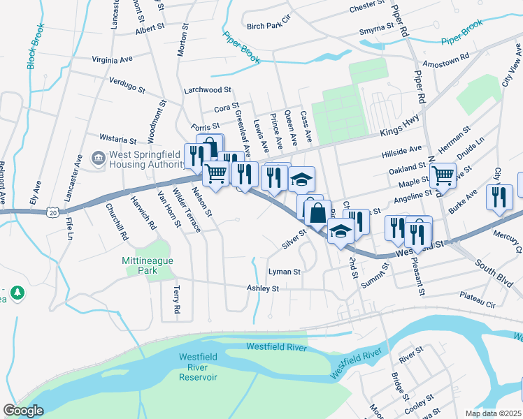 map of restaurants, bars, coffee shops, grocery stores, and more near 1189 Westfield Street in West Springfield