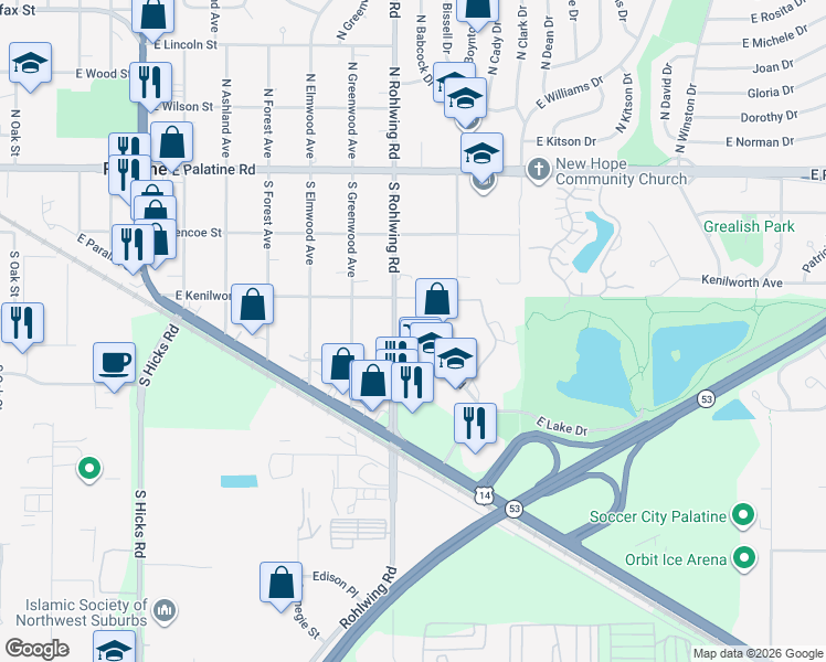 map of restaurants, bars, coffee shops, grocery stores, and more near 245 South Park Lane in Palatine