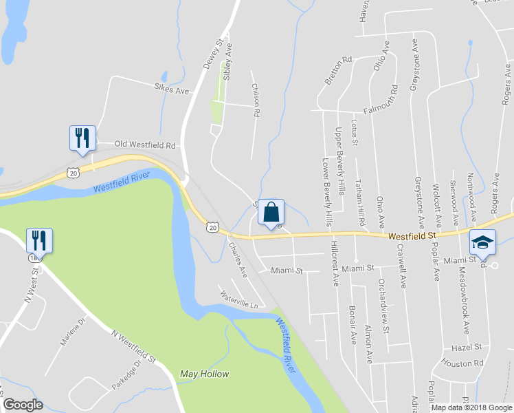 map of restaurants, bars, coffee shops, grocery stores, and more near 73 Sibley Avenue in West Springfield