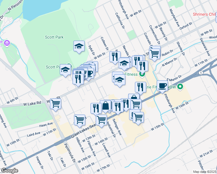 map of restaurants, bars, coffee shops, grocery stores, and more near 2543 West 8th Street in Erie