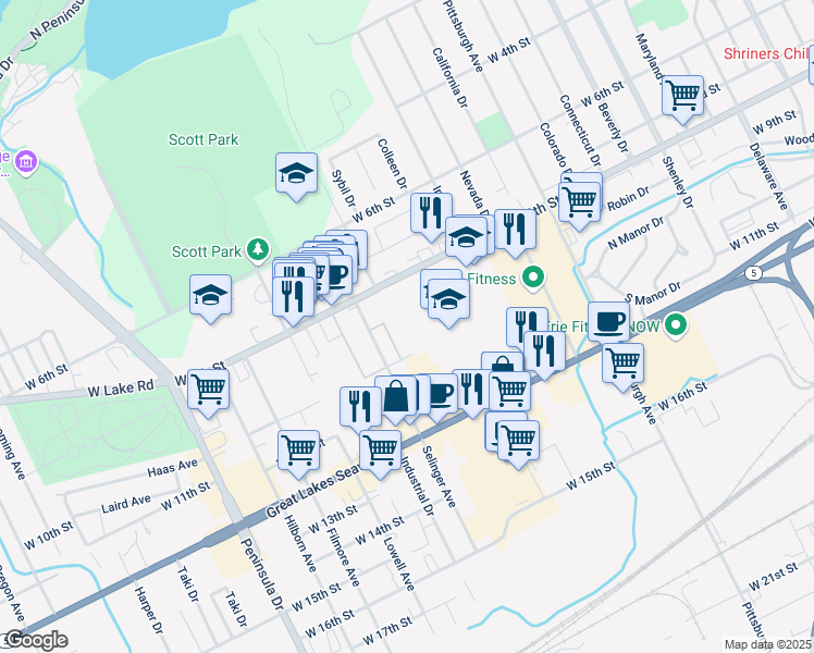 map of restaurants, bars, coffee shops, grocery stores, and more near 2543 West 8th Street in Erie